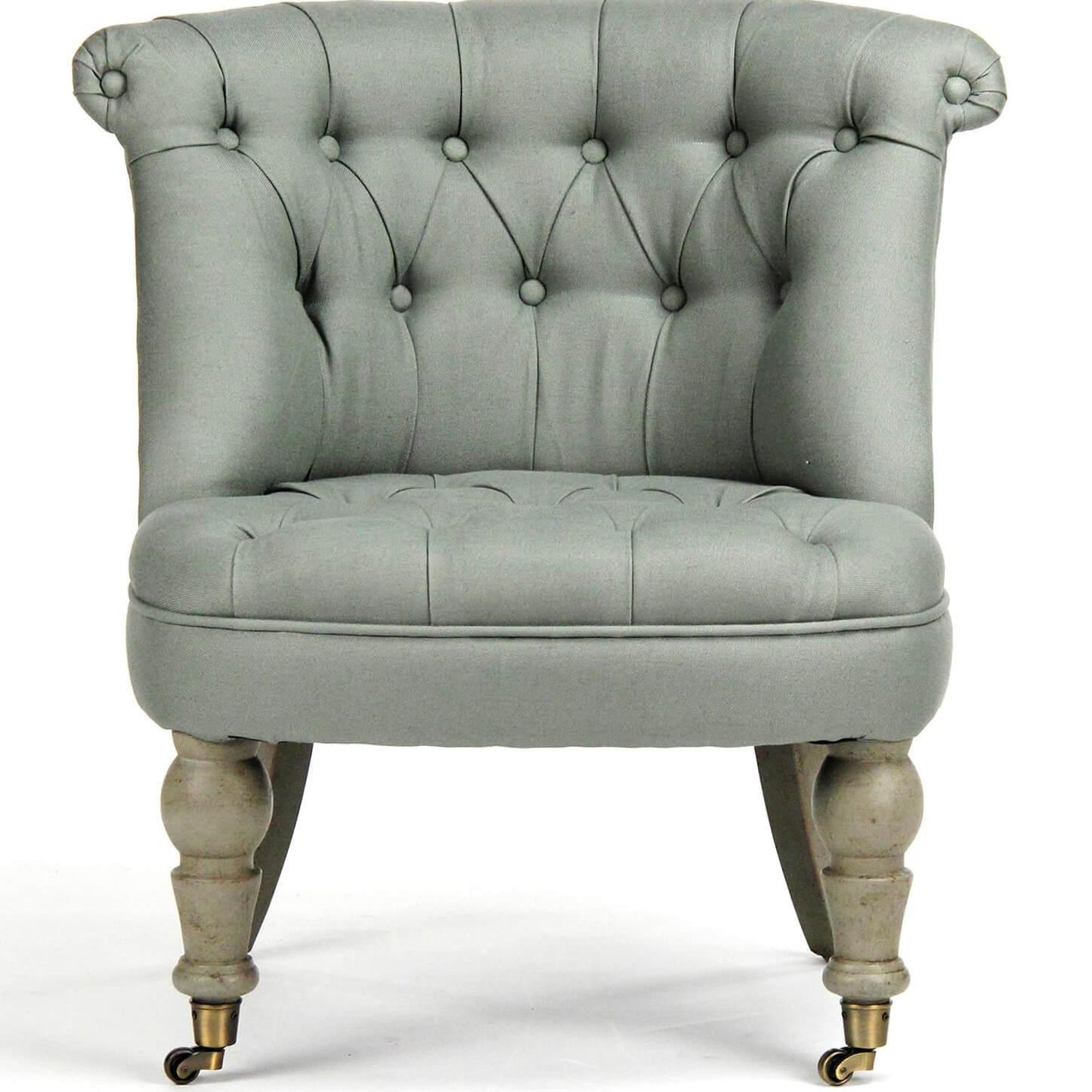 Fauteuil pantoufle capitonné bleu sauge